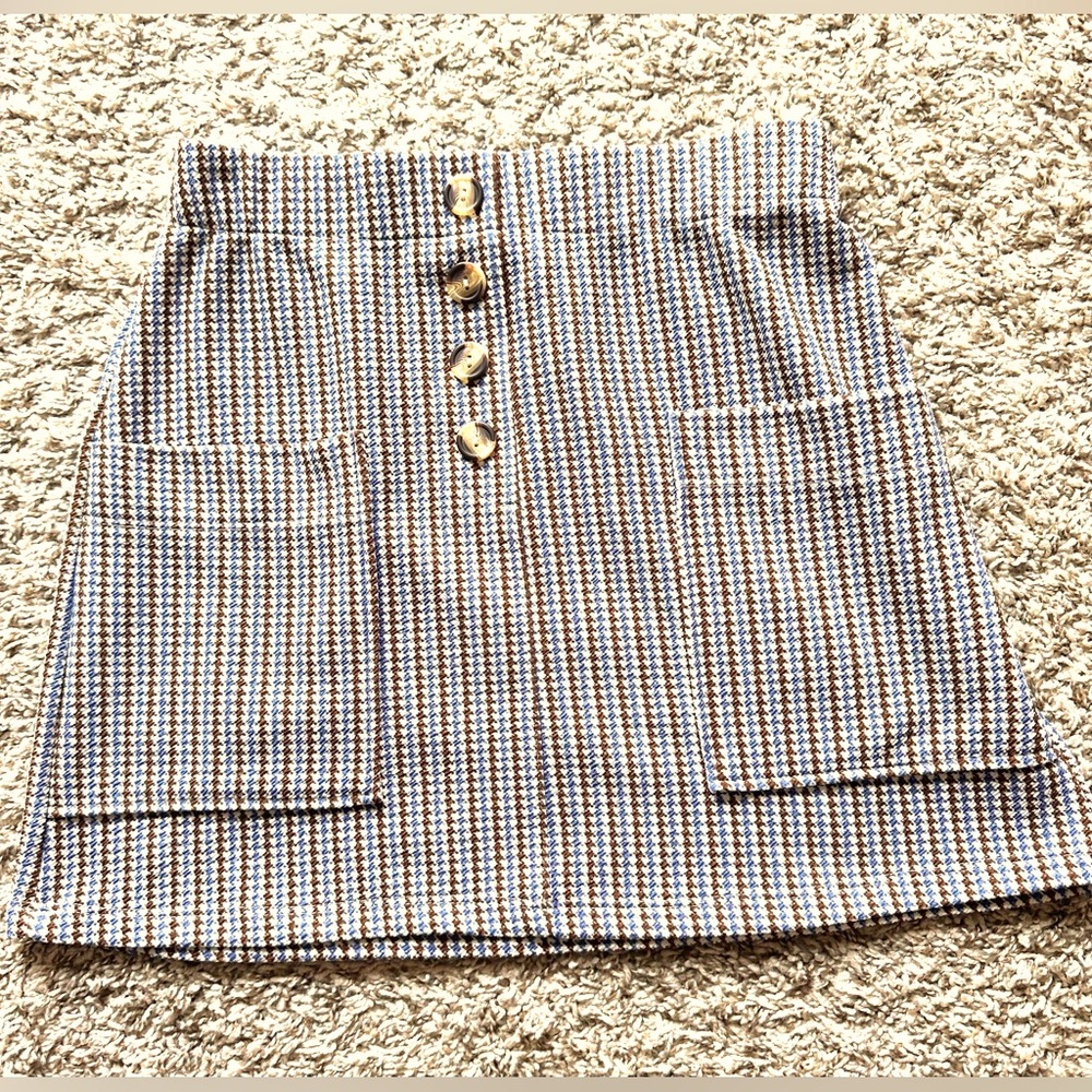 Gilli Blue-Brown, Front Buttons & Pockets Design, Casual A-Line Mini Skirt Sz M